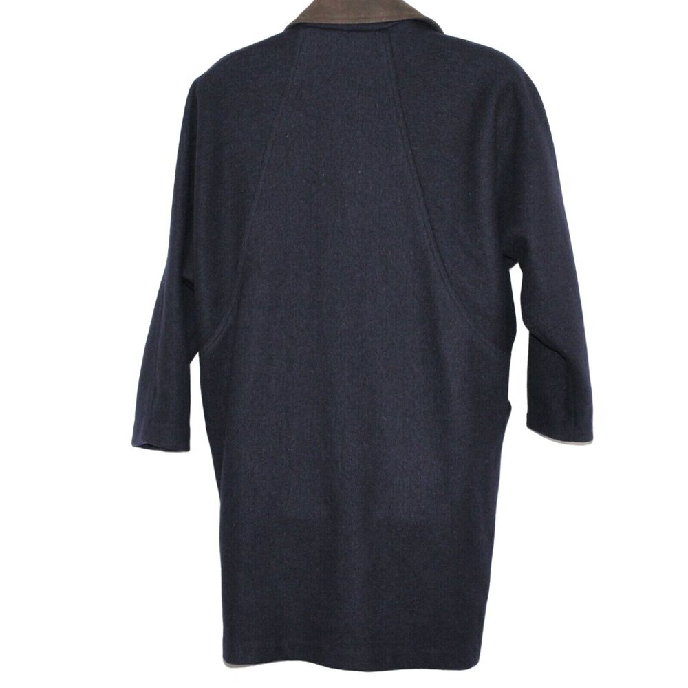 Vintage 80s JOFELD Medium Leather Trim Collar Navy Blue Wool Blend Coat USA - Picture 3 of 12